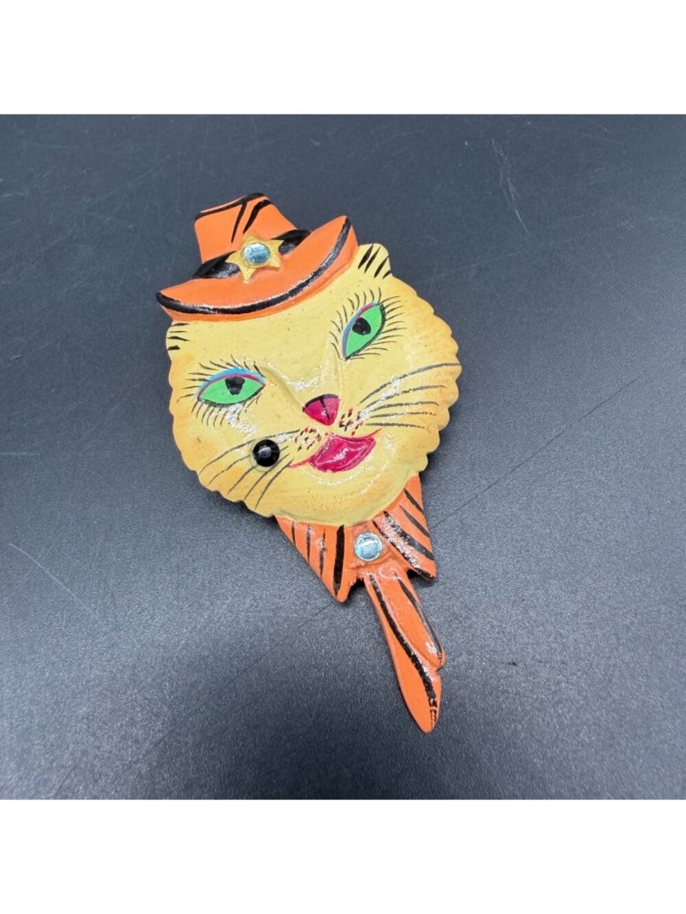 Cat Brooch Pin Handmade Wood Halloween Orange Cowboy Hat Sheriff Rhinestones